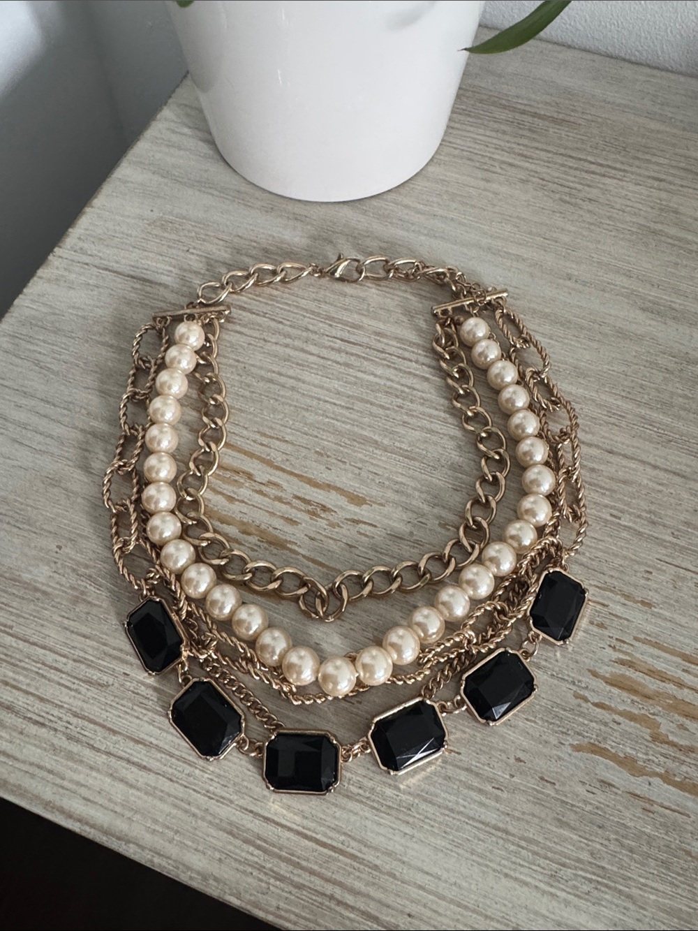 Gold Multi-Strand Pearl & Black Stone Statement Necklace